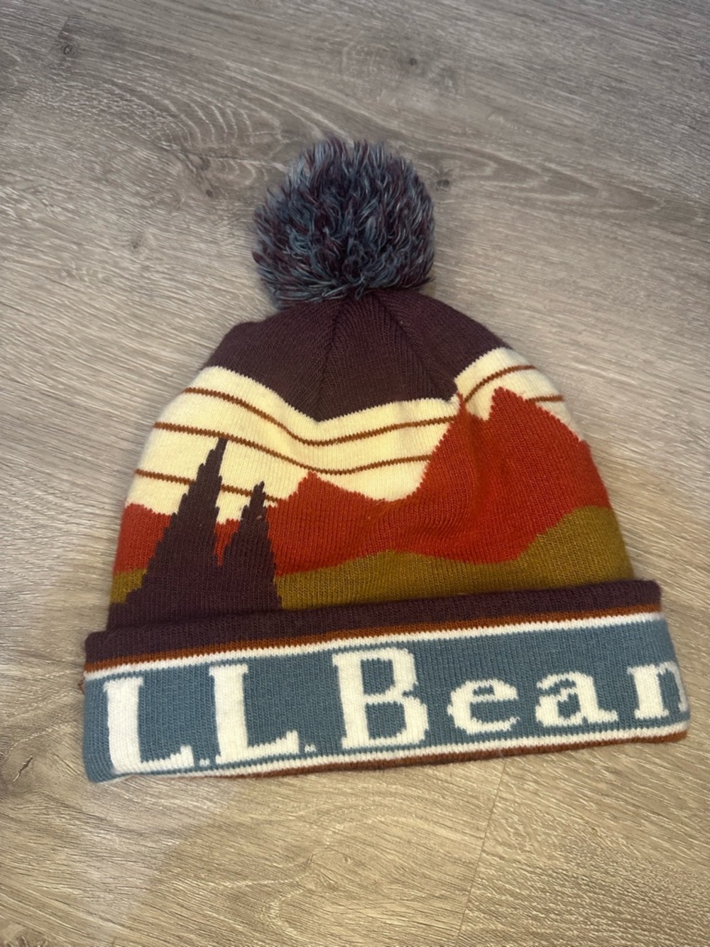 L.L. Bean Kids Mountain Pom Beanie in Maroon, Rust, Olive & Blue